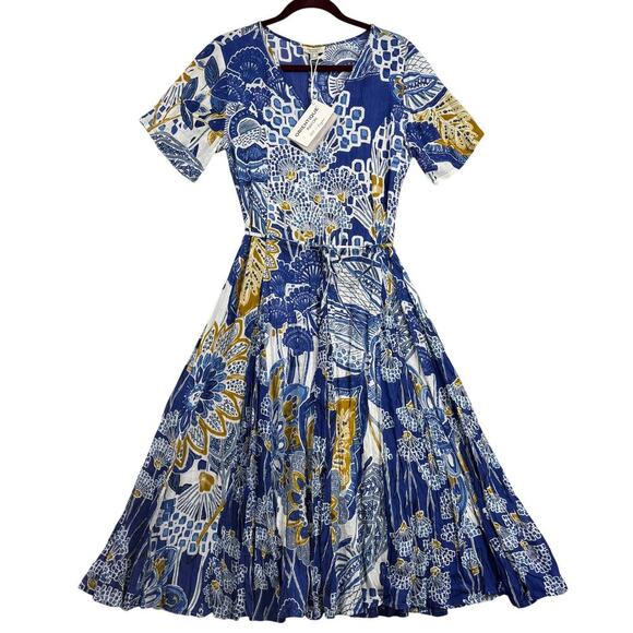 Orientique Naturally Midi Dress Seville Size S Blue Floral Crinkle Gauzy Flowy - Picture 2 of 16